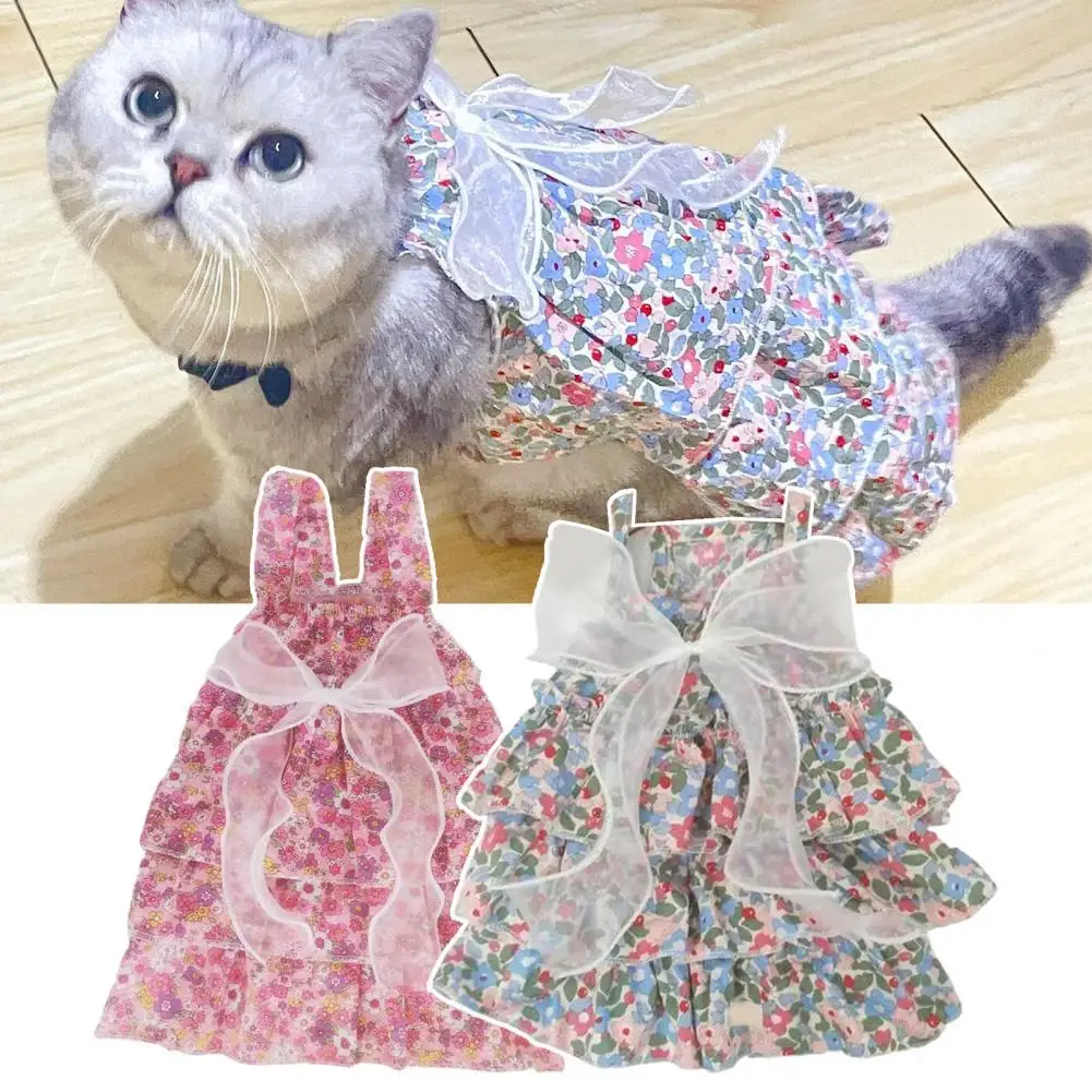 Pet Dog Cat Skirt Bowknot Decor Floral Printing Sling Pleated Hemming Summer Small Dog Princess Cosplay Costume Dog Clothes