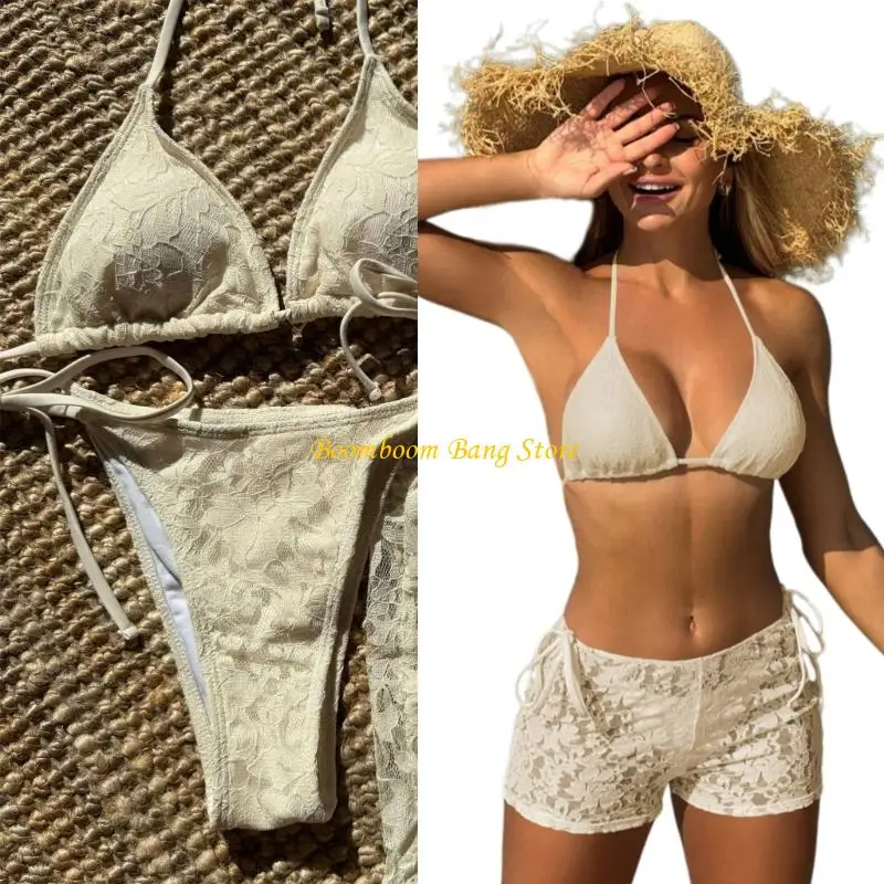 270c vrouwen Backless Swimwear 3 PCS zwempak met veters Shorts Pushing Bading Suit