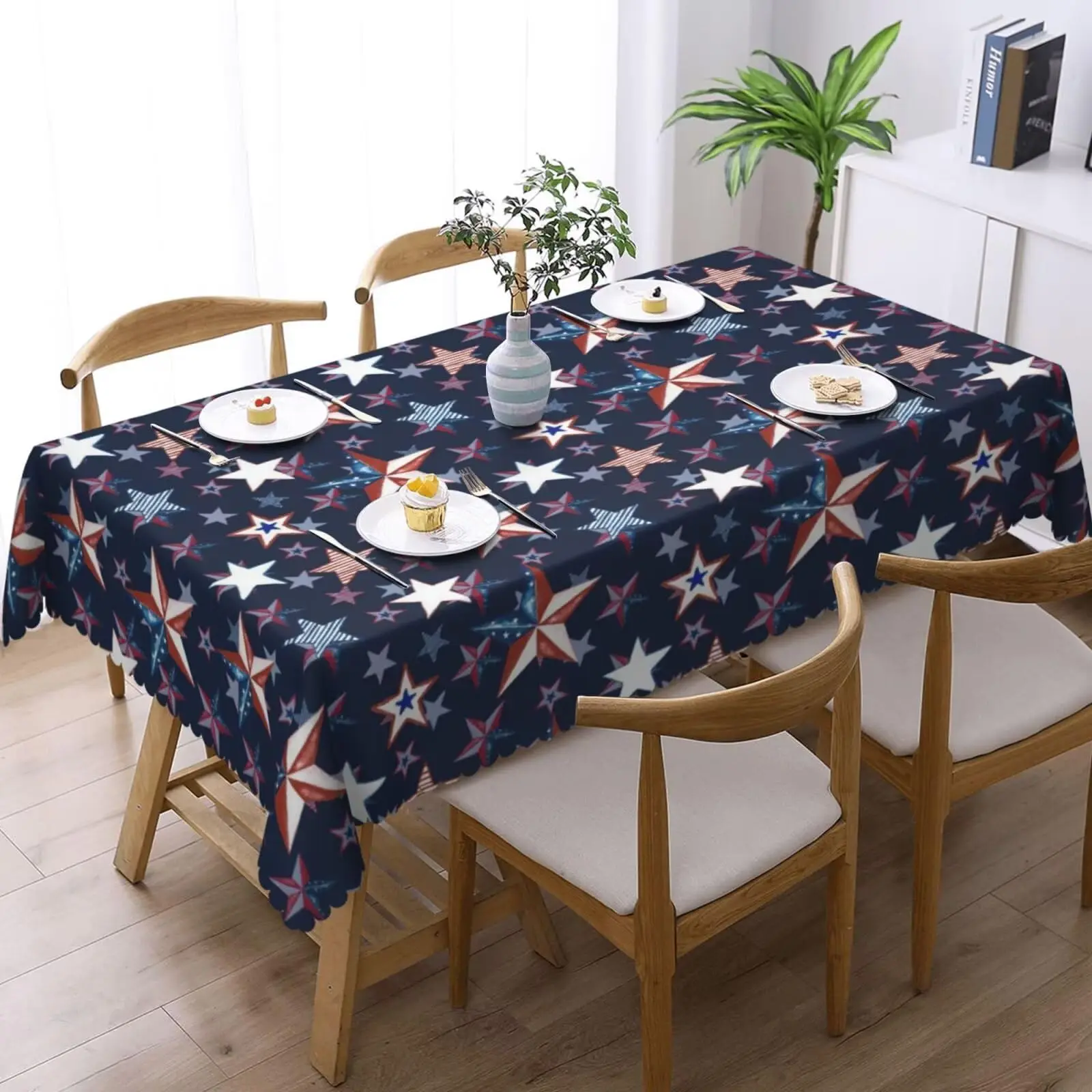Patriotic Memorial Day Navy Blue Red Star Rectangle Tablecloth 4Th of July Table Cover 250Th USA Tablecloths Navy Red White