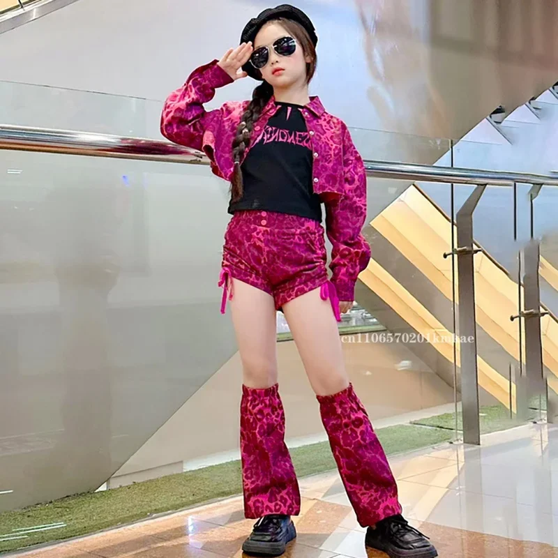 

Костюмы для современного джазового танца для девочек, пальто с леопардовым принтом розово-красного цвета, брюки в стиле хип-хоп, сценическая одежда для уличных танцев