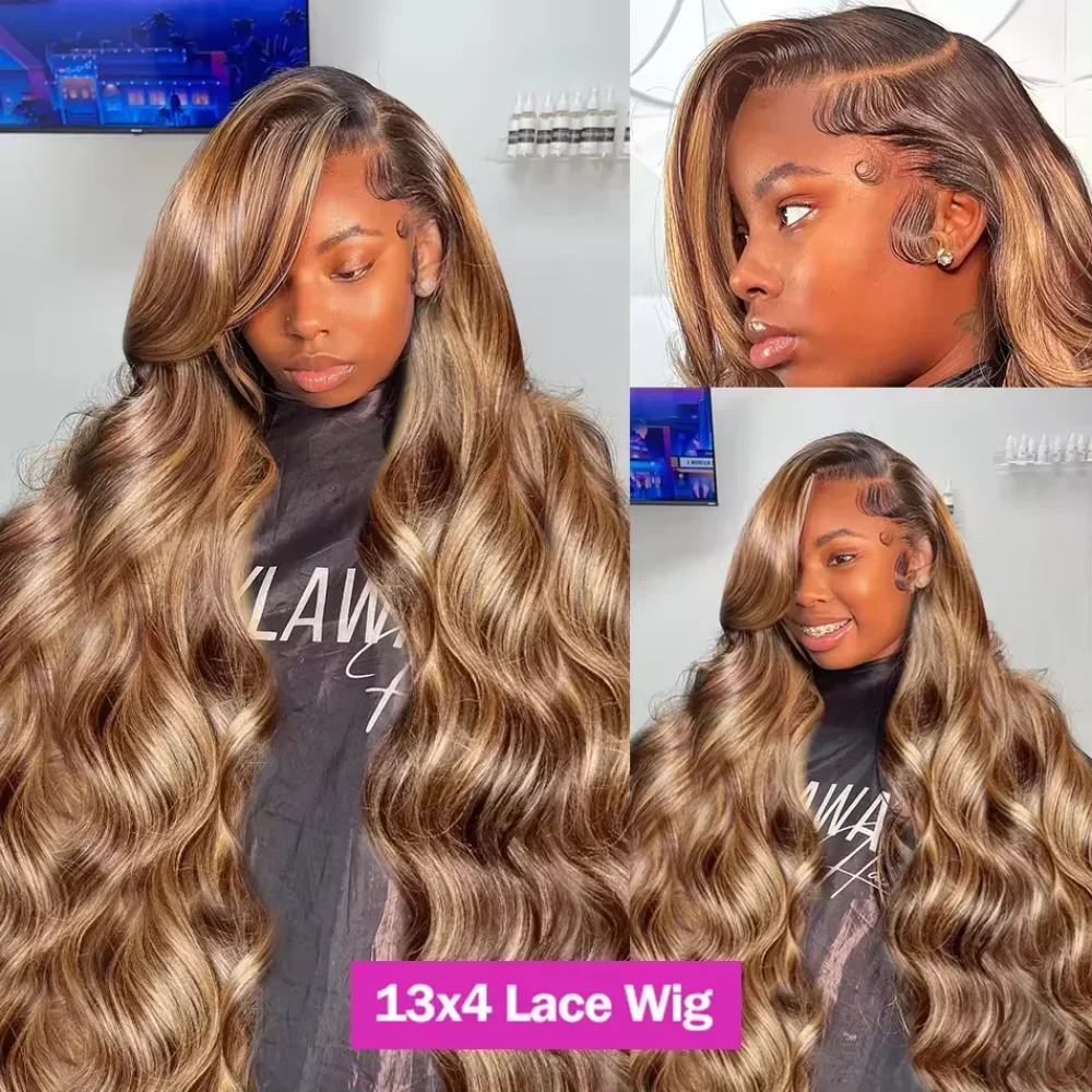 30 Inch Honey Blonde Ombre Lace Front Wig Human Hair 13x4 HD Lace Frontal Glueless Body Wave 4/27 Highlight Wig for Women