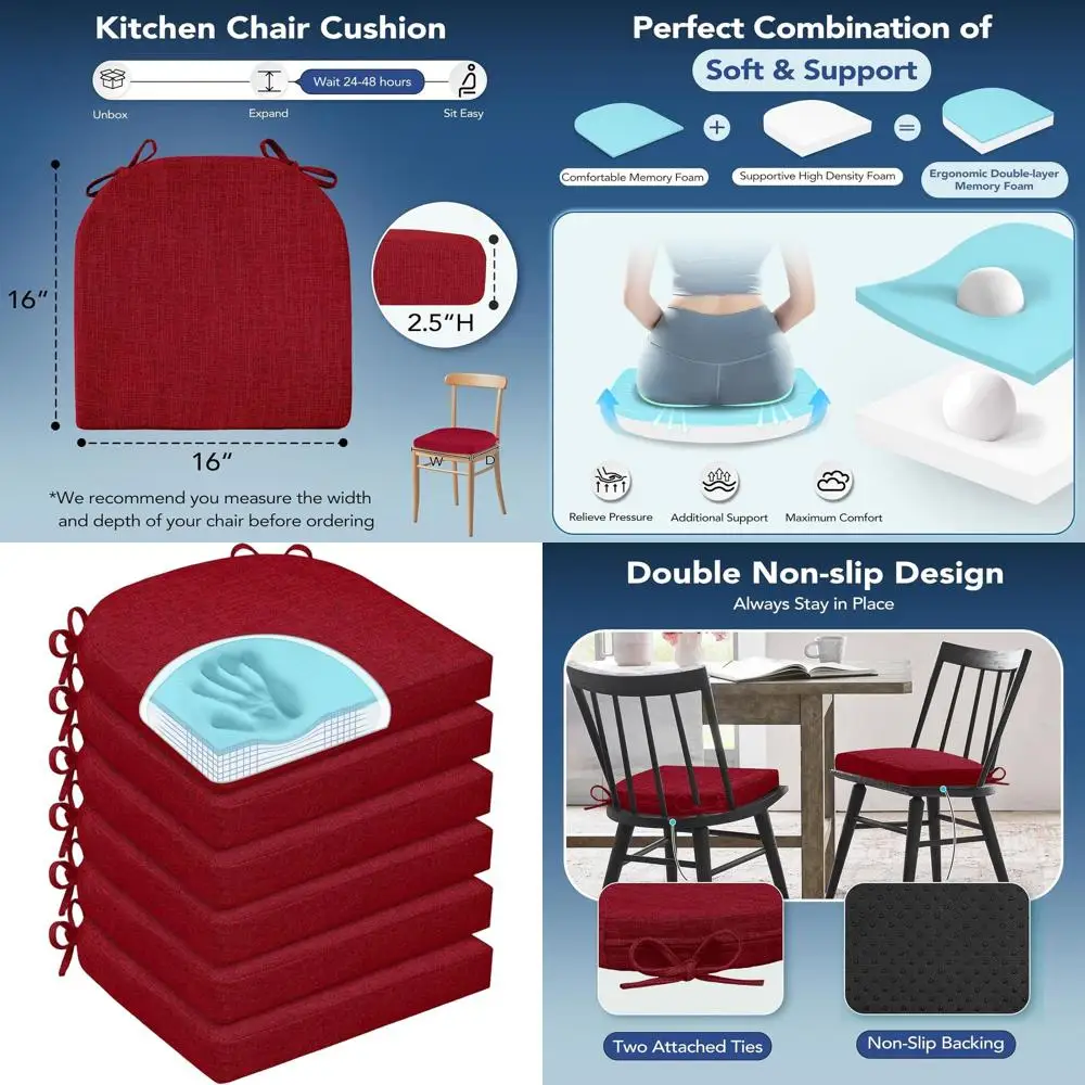 

Set of 6 Non-Slip, Washable Memory Foam Dining Chair Cushions, 16x16x2.5, Red