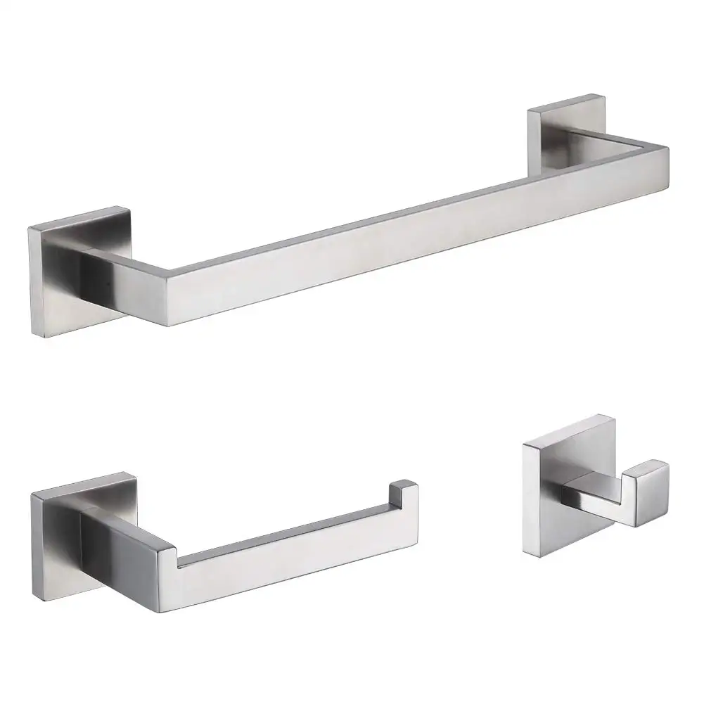 

3 Piece Bathroom Hardware Set Brushed Stainless Steel Towel Bar Toilet Paper Holder Robe Hook Wall Mounted