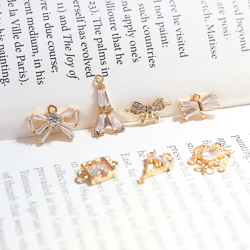 6pcs Micro-inlaid Zircon Heart Bear Bird Swallow Tower Pendant Diy Handmade Earrings Necklace Material Charms For Jewelry