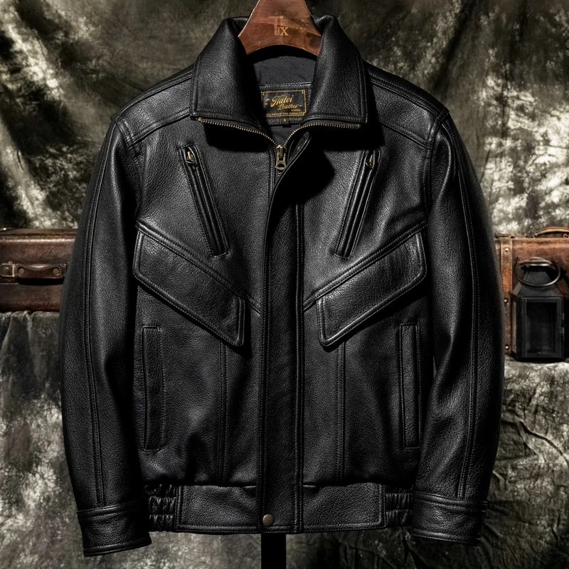 

Черная зимняя кожаная куртка мужская в повседневном стиле размера плюс 5XL из натуральной овчины с отложным воротником свободное кожаное пальто