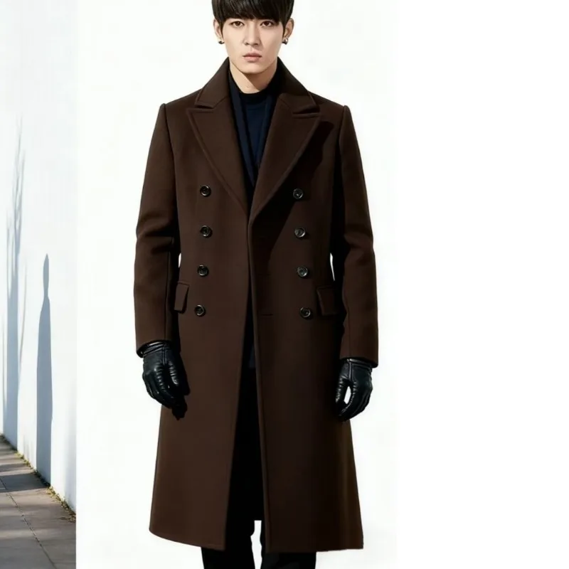 

New Men's Long Knee-length Thickened Double-breasted Cashmere Coat and Windbreaker for Autumn and Winter Fashionable Warm Coat