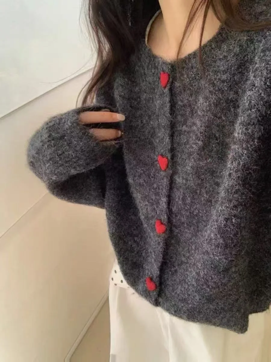 

Корейский свитер на пуговицах с цветочной вышивкой и сердечками, открытый кардиган, теплый осенне-зимний длинный свек, круглый Ne, обычная длина