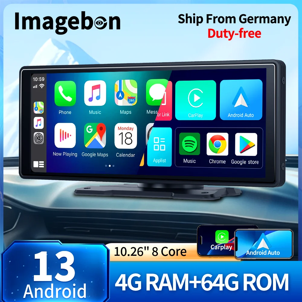 Imagebon 10.26′′ Android 13 8 Core Telecamera per specchietto retrovisore Google Play Youtube Wireless CarPlay e Android Auto Navigazione GPS DVR