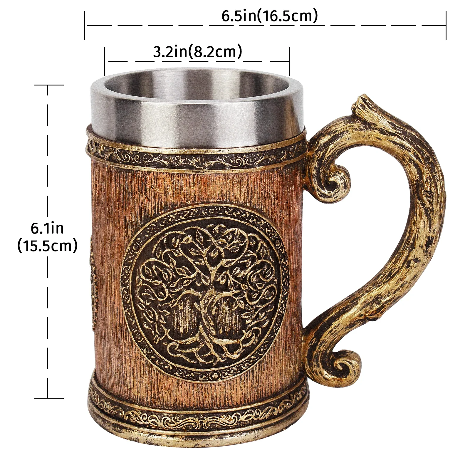 Tasse Viking arbre de vie nordique, tasse à bière en résine et acier inoxydable, arbre celtique, cadeau d'halloween, Imitation de bois rétro médiéval, 600ml
