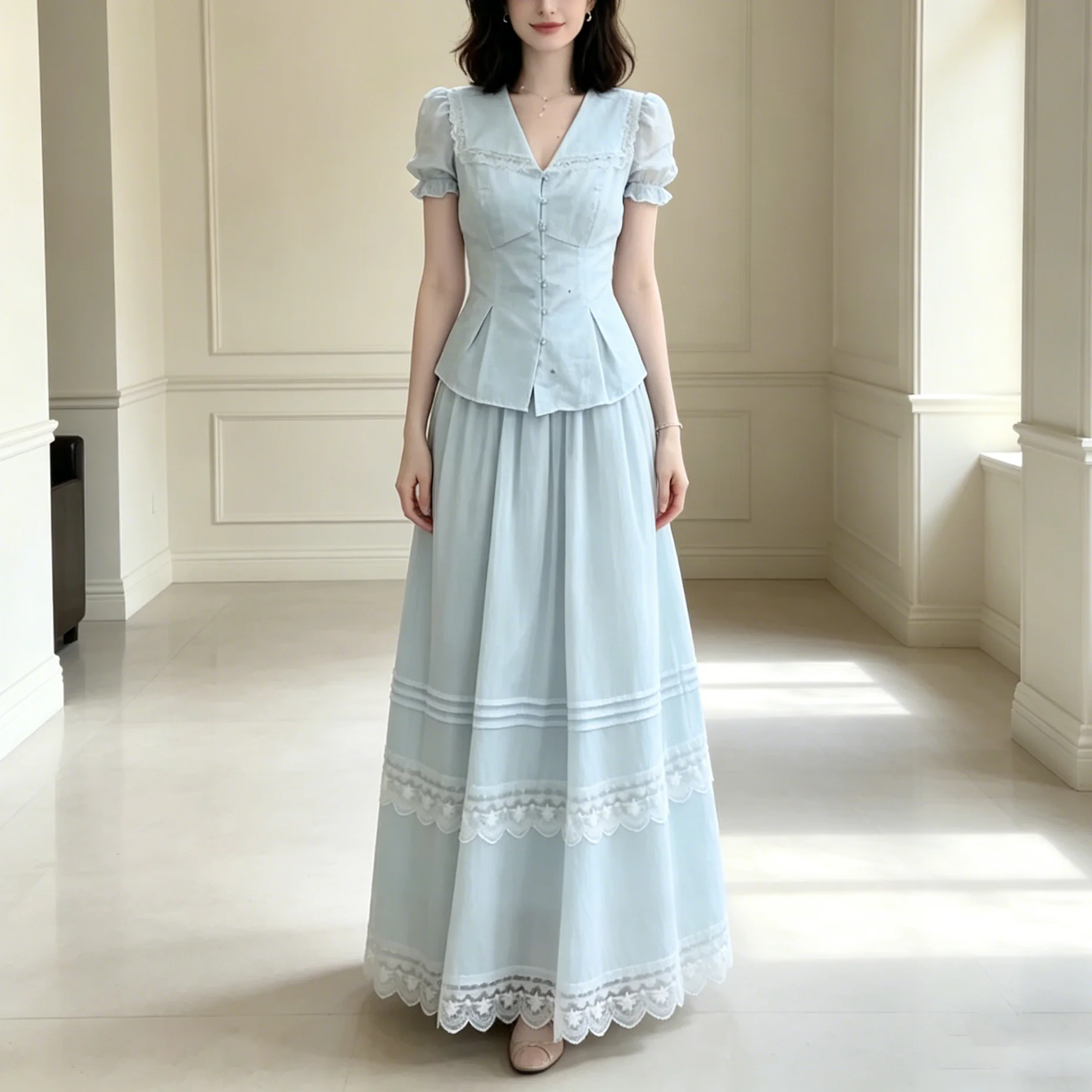 

CiCi 2026 New Lace Trim Two Piece Set Women Puff Sleeve Peplum Top And Maxi Skirt Elegant Spring Summer Vintage