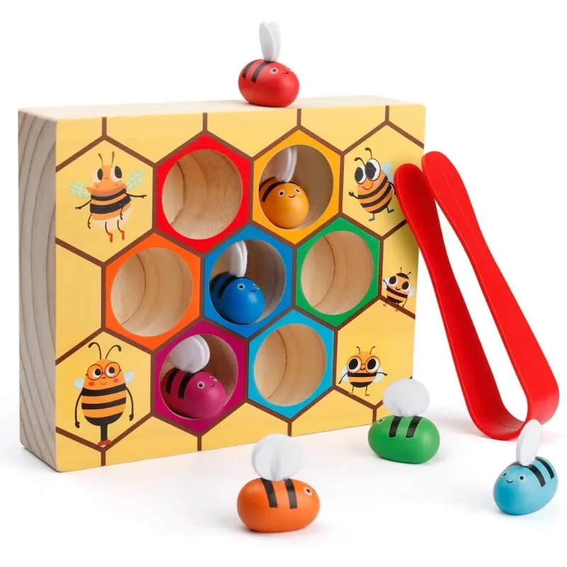 Fine Motor Skills Toys Clamp Bee to Hive Matching Games Montessori Wooden Color Sorting Puzzles Learning Educational Toys