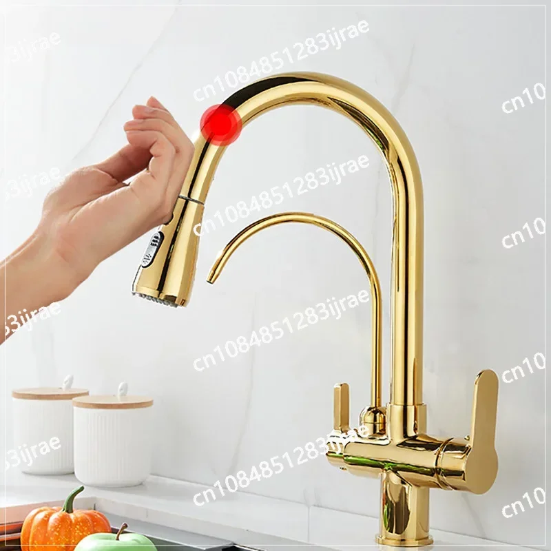 

Gold Touch Filter Kitchen Faucets 3 Ways Hot Cold Pull Out Kitchen Mixer Tap Solid Brass Golden Sensor Touch Kitchen Faucet