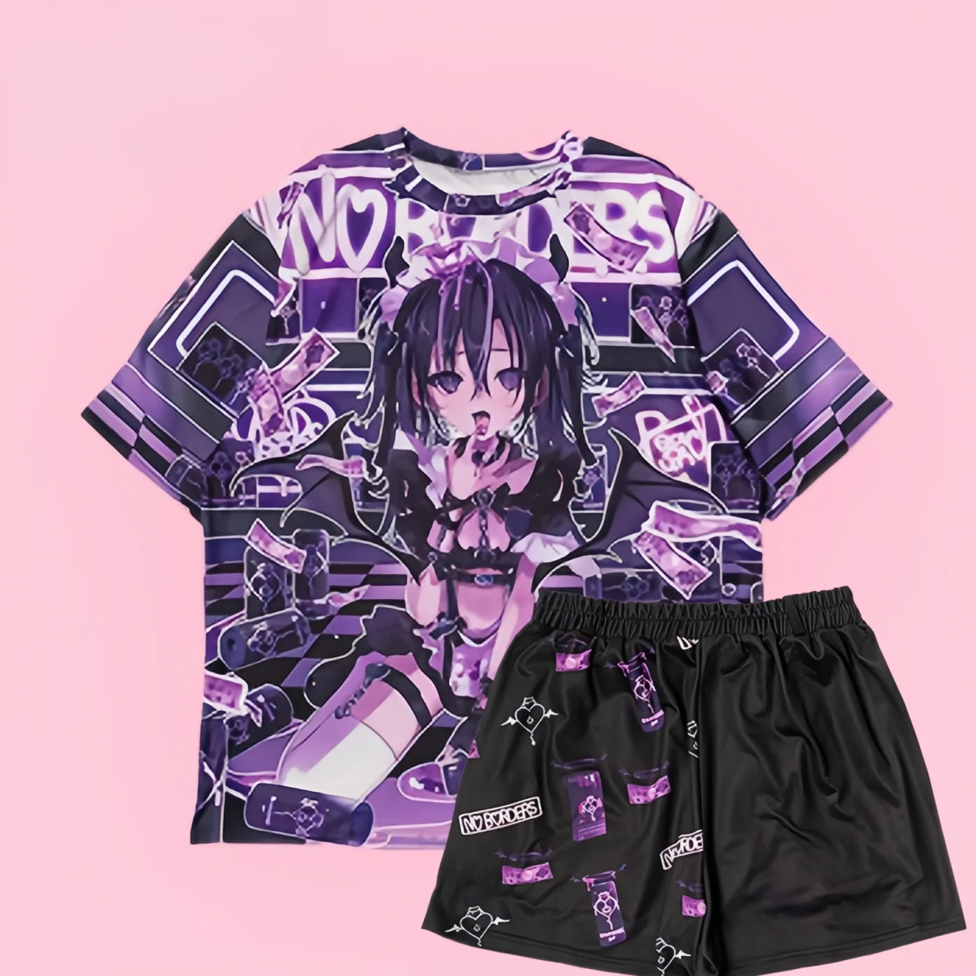 Niche Dark Sweet Cool Japanese-Style3D Printed Adult and Children's Short Sleeve and Shorts Y2K Home Sports Casual Two-Piece Set