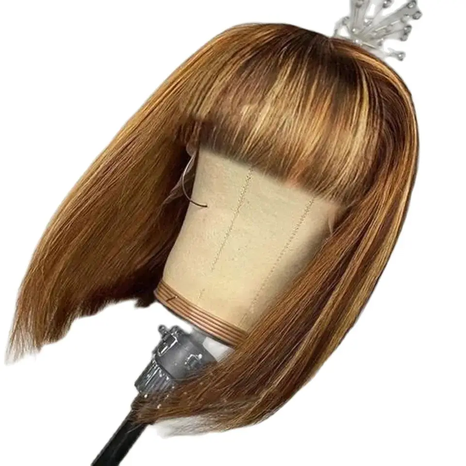 

P427 Ombre Highlight Short Straight Bob Wig With Bangs 150 Density Human Hair Full Machine Made Pre Plucked Natural Look