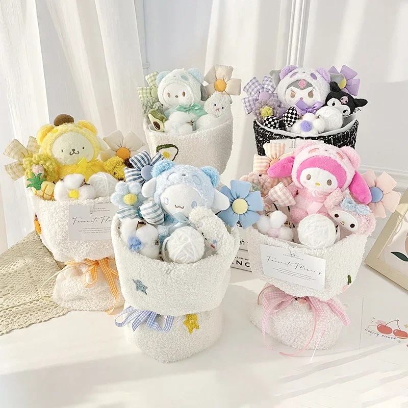 Sanrioed Kawaii Plush Bouquet Kuromi My Melody Anime Cinnamoroll Doll Family Wedding Decorate Birthday Festival Girlfriend Gift