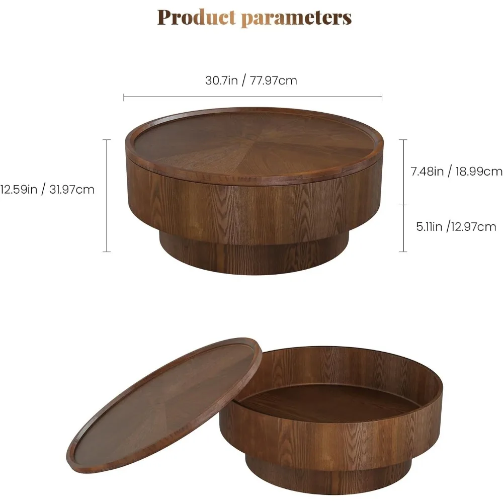 Modern 30.7" Circular Rustic Handcrafted Coffee Table with Storage and Removable Lid