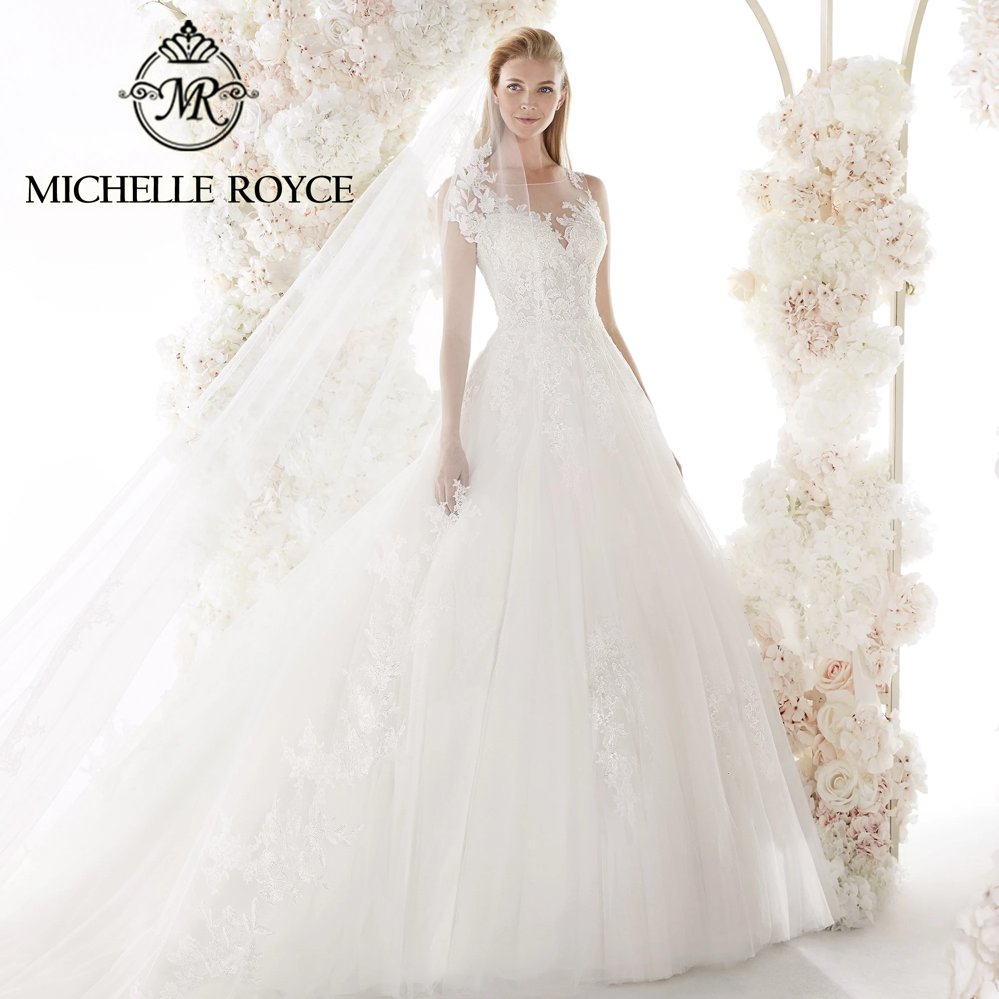 

Michelle Royce Ball Gown Wedding Dress 2023 Sweetheart Embroidery Semi-Transparent Short Sleeve Wedding Gown Vestidos De Novia