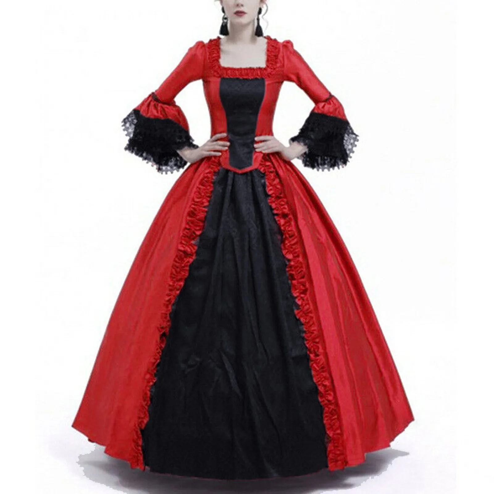 

Adult Plus Size Steampunk Vintage Costume Women Medieval Dress Gothic Lady Vampire Lace Sleeve Halloween Cosplay Costume