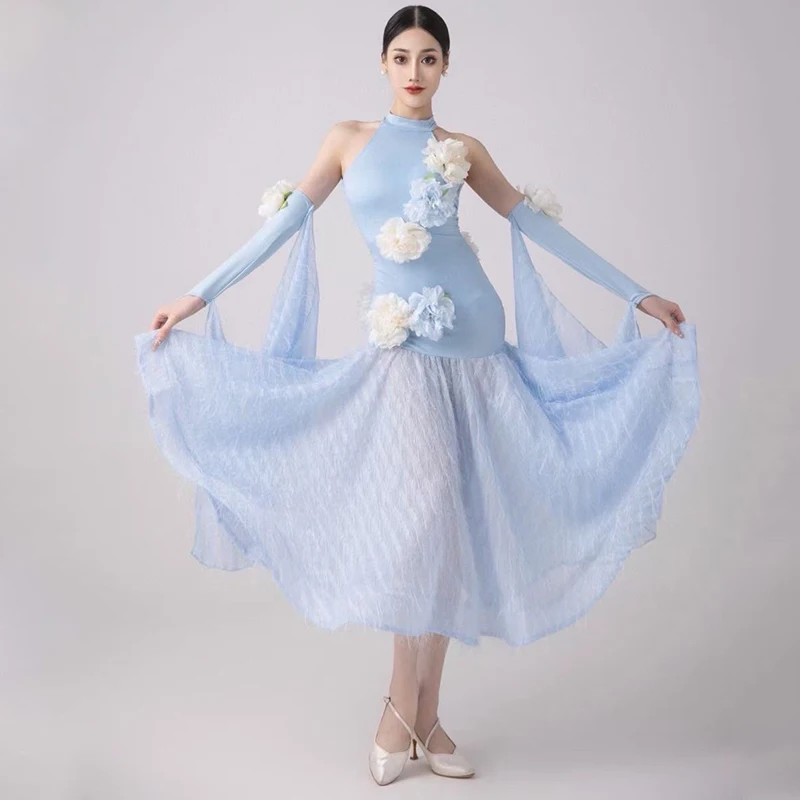 

Ballroom Dance Dress Women Fairy Blue Flower Costume Waltz Dance Performance Clothes Competition Dress Club Prom Dress BL12321