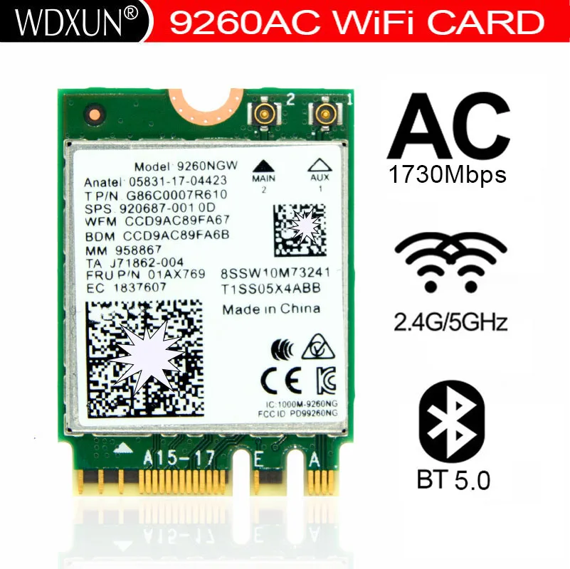 WDXUN Dual Band Wireless-AC 9260 9260ac 9260NGW NGFF 802.11ac MU-MIMO 1730Mbps 1.73Gbps WiFi + Bluetooth 5.0  Windows 10