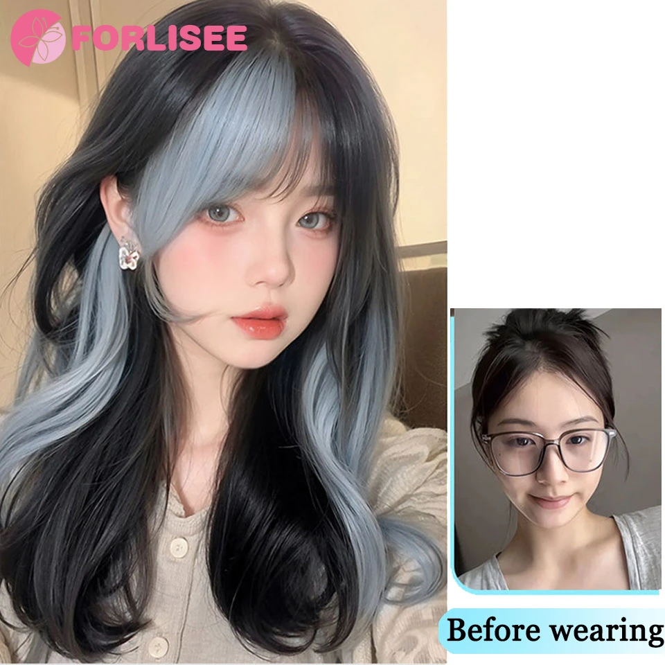 FORLISEE Ombre Wig Black Wavy Hair for Daily Use Party heat resistant Synthetic Wigs for Women Cosplay Lolita Wig Headband Wigs