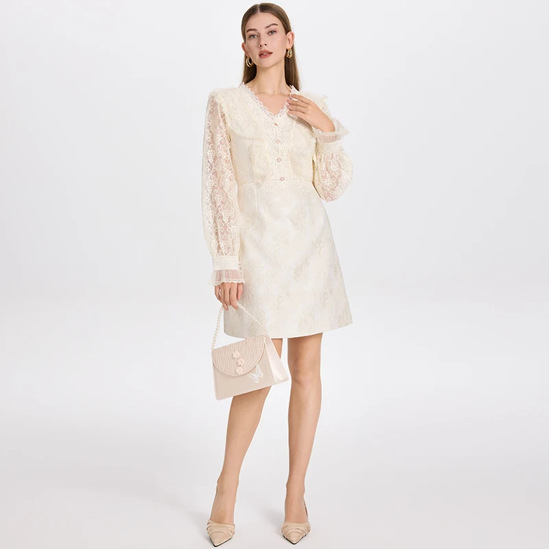 Abiti corti ricamati in pizzo francese elegante con scollo a V manica da principessa a vita alta abito da sera da festa di lusso autunnale da donna