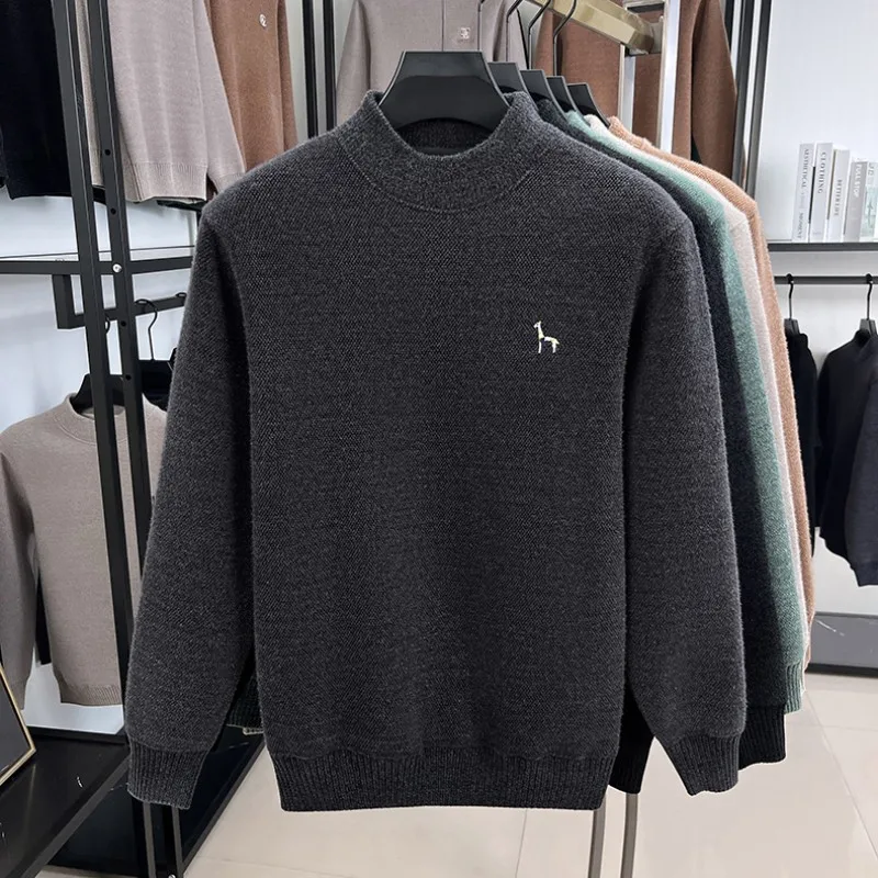 Sweater pria trendi kelas atas dengan kerah bulat, merek mewah, bordir anjing kartun, hangat untuk musim dingin, beludru, gaya kasual Korea, rajutan pullover.
