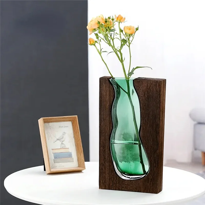 

A40Z-Pastoral Style Vase Wooden Tray Single Flower Hydroponic Green Plant Flowers Desktop Living Room Coffee Table Decoration