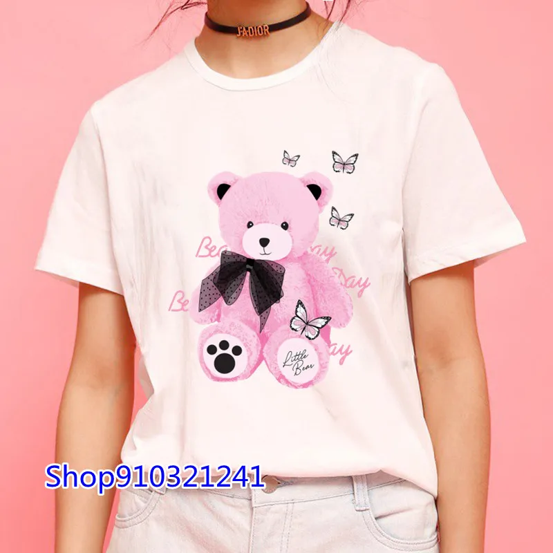 Cute Teddy Bear Print Cartoon T Shirt Women Summer Round Neck Short Sleeve Fashion T Shirt Femme Casual Streetwear Tops