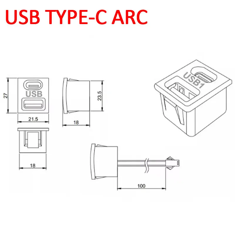 1Pcs Black Double Layer Usb Female Base Type-C Socket and Female Usb Lamp Charging Socket Power Socket With Cable Connector