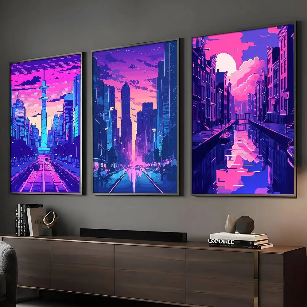 Synthwave City Night City Landscape Poster Sticky Wall Art Printing Waterproof Home Living Bed Room Bar Aesthetic Decor