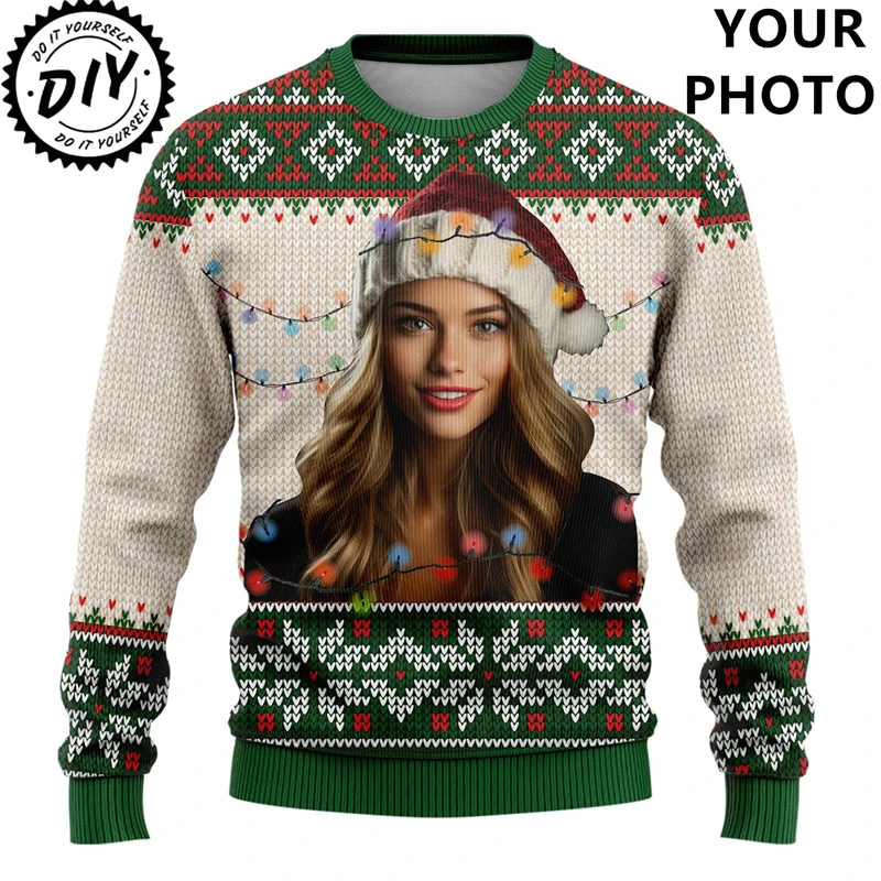 Custom Your Photo Graphic Sweatshirts Customized Picture Ugly Christmas Sweater Diy Personalized Face Pullovers Funny Gifts Tops