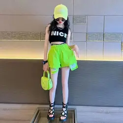 New Fashion Kids Girls Clothes Sets Summer Hip-hop Sleeveless T-Shirts + Short Pants 2PCS Children Clothing Suits 8 10 14 Year