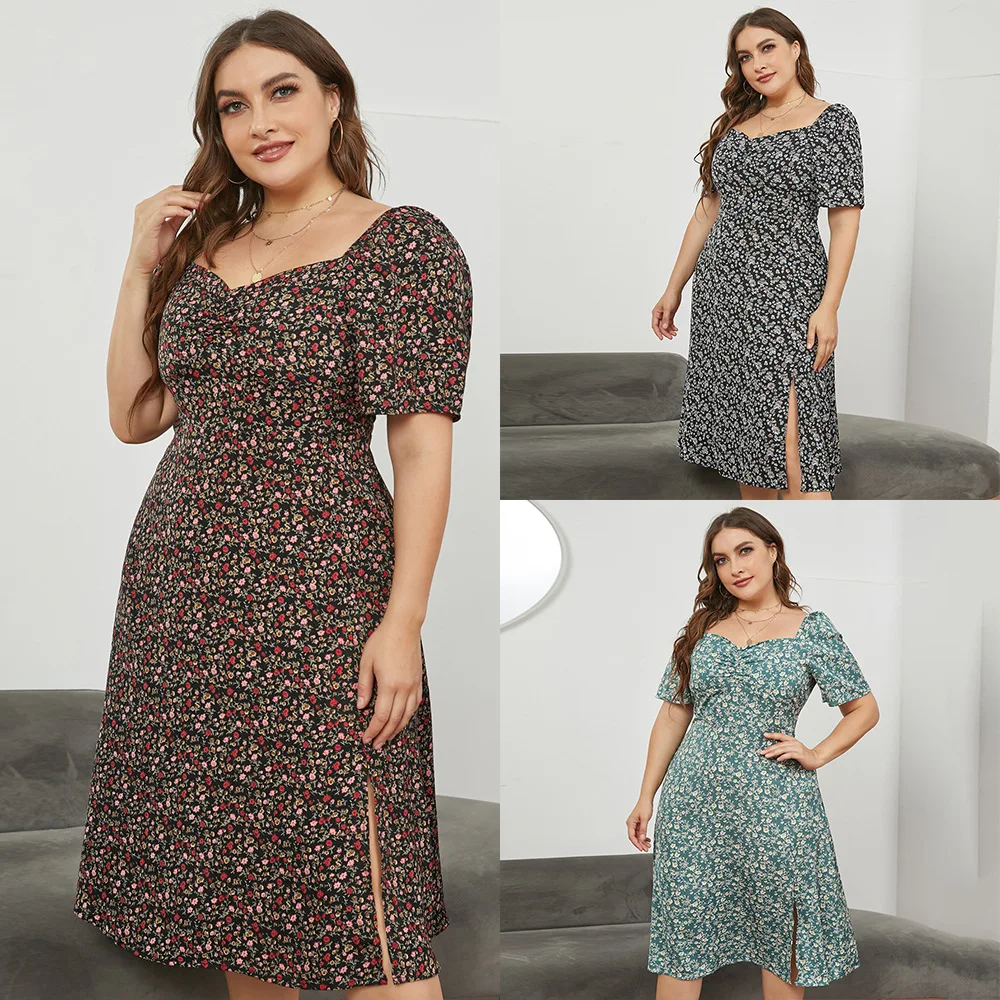 2024 echte Schuss neue Plus Size Frauen Französisch quadratischen Hals Taille Schlitz langes Blumen kleid Sommer jr5031