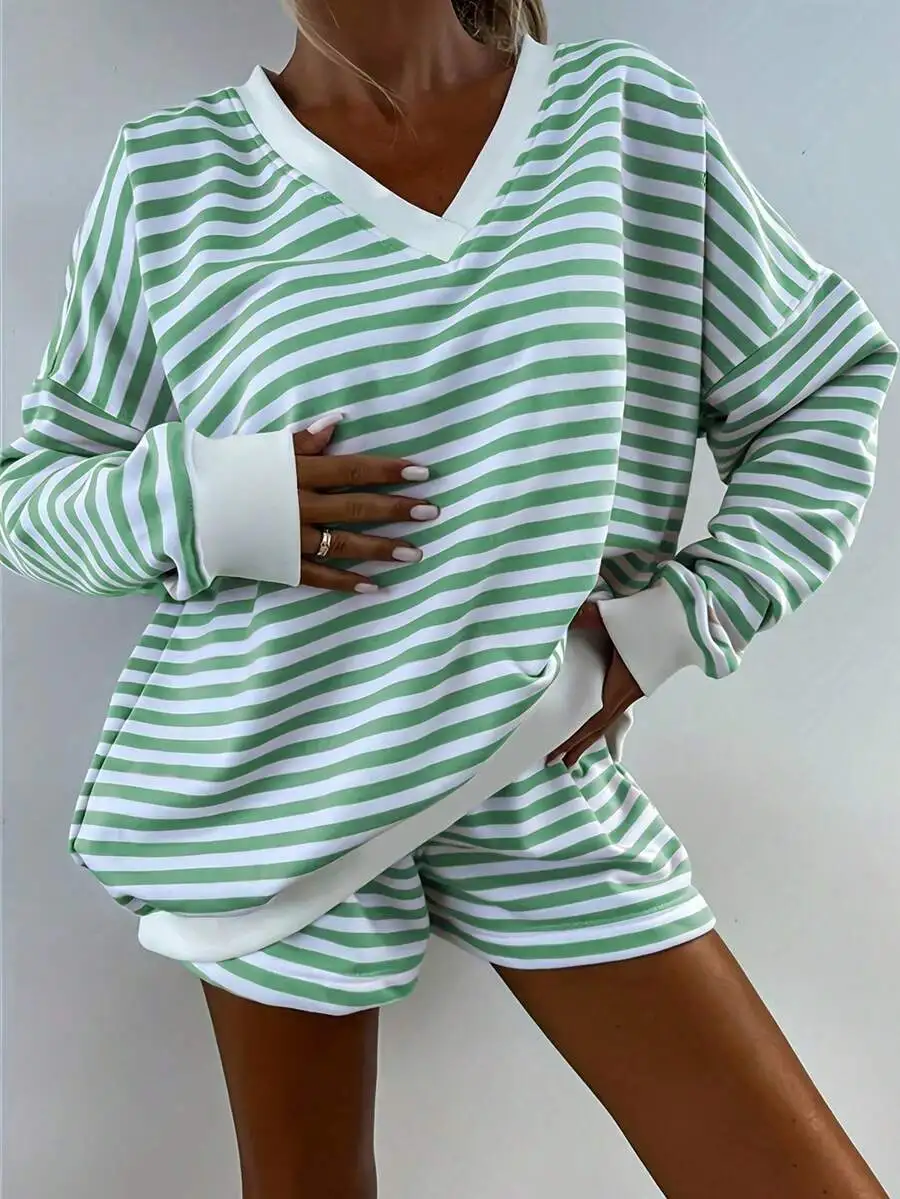 Green And White Striped V-Neck Long Sleeve Loose Top With Matching Shorts Set