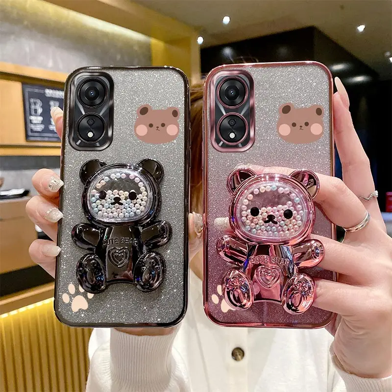 Glitter Bling Bear Holder Case For Oppo A96 A97 A95 A94 A93S A92S A91 A83 A78 A74 A72 A58 A58X A57 A55 A54 A52 4G Stand Cover