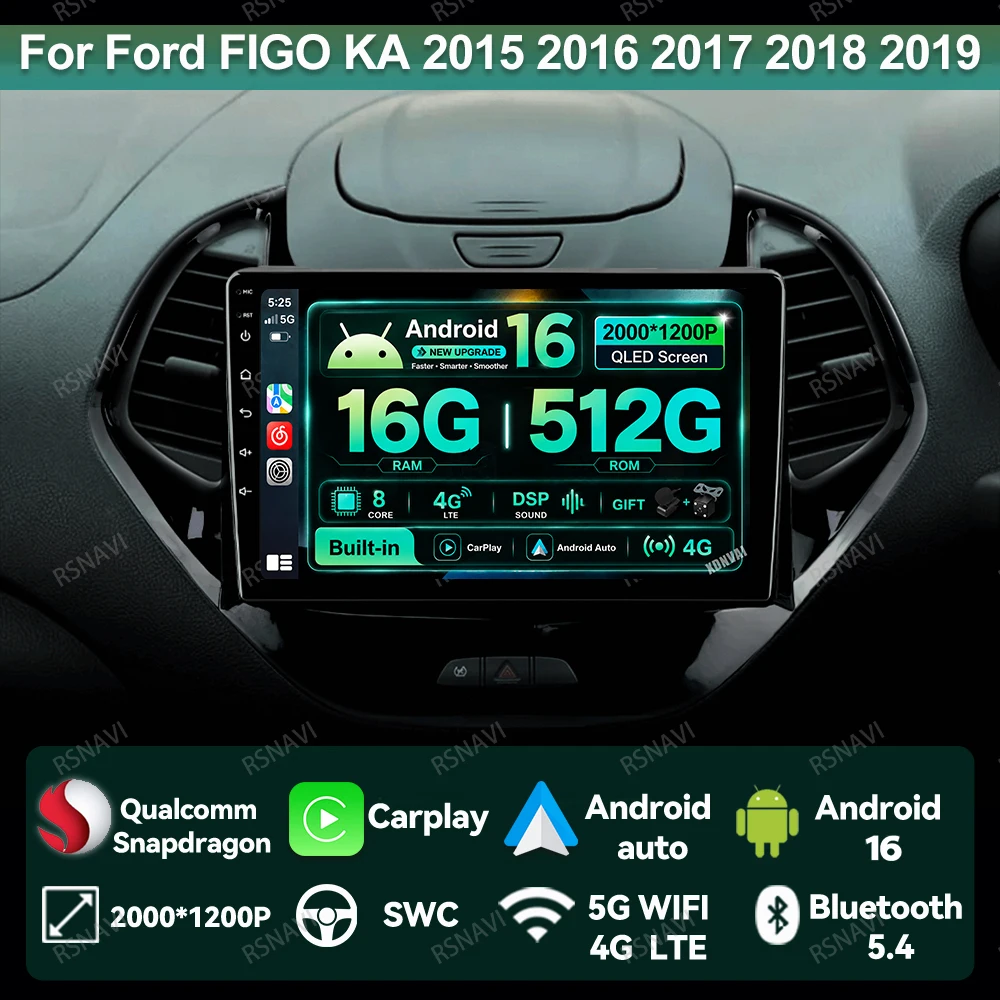 Radio para coche Android 16 para Ford FIGO KA 2015 2016 2017 2018 2019 2020, 8 núcleos, BT, AI, voz, WIFI + 4G LTE, sistemas de autoradio Snapdragon