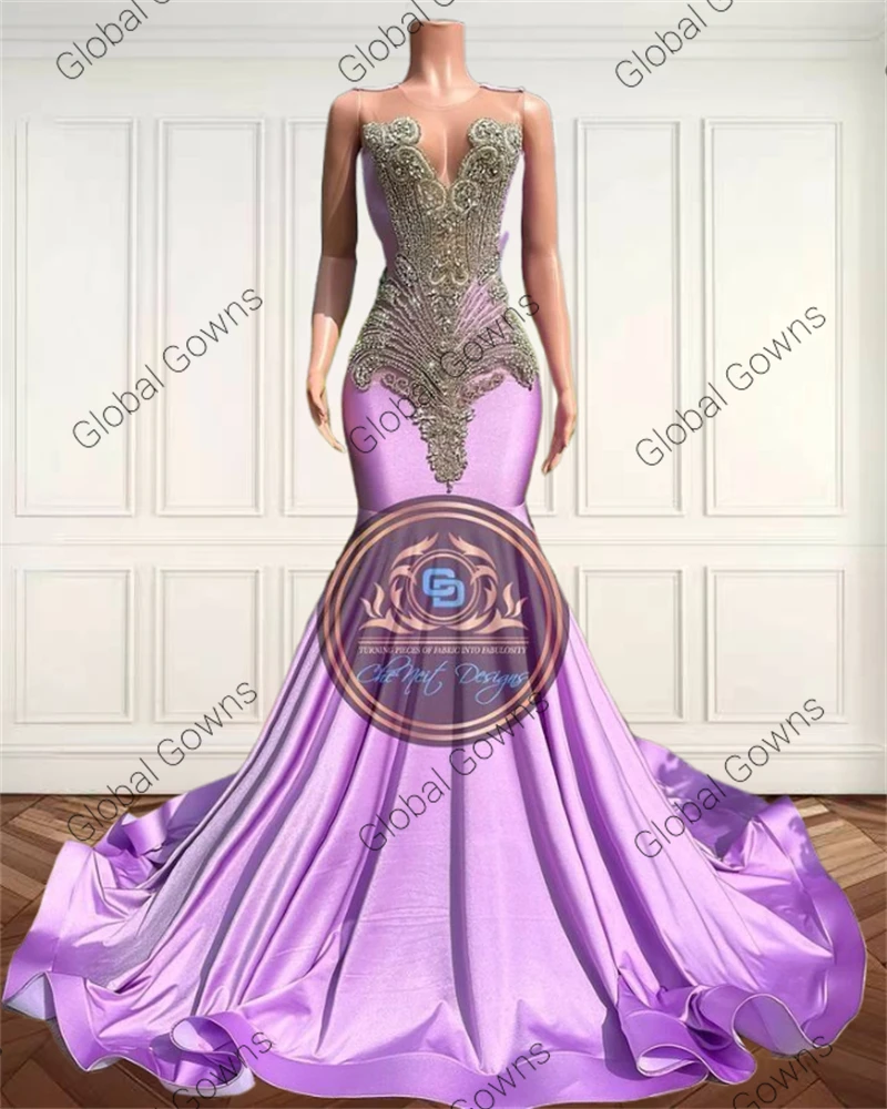 Purple Halter Long Prom Gowns For Black Girls Beaded Crystal Diamond Birthday Party Dresses Mermaid Evening Dress Customized