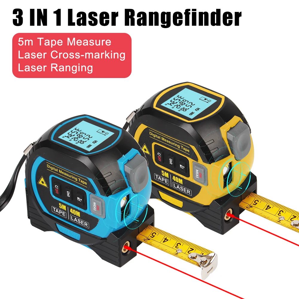 3 in 1 Laser Rangefinder 5M Tape Measure Ruler LCD Display with Backlight Distance Meter Building Measurement Device