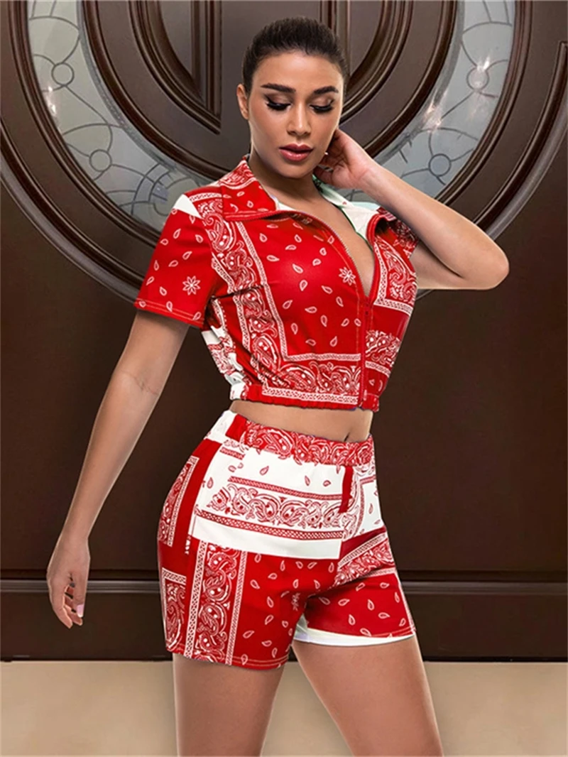 Paisley Bandana Print 2 pezzi set donna Outfit abbigliamento estivo donna 2024 Zip Up Crop Top Short set Casual tuta donna set