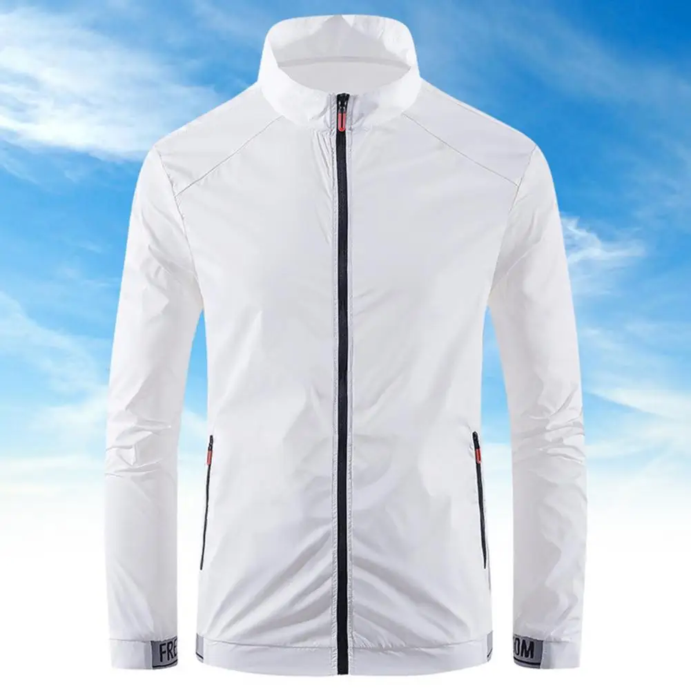 Men Outdoor Jacket Stand Collar Zip Placket Pocket Ultrathin Sportswear Anti UV Plus Size Camping Sun Men Clothes