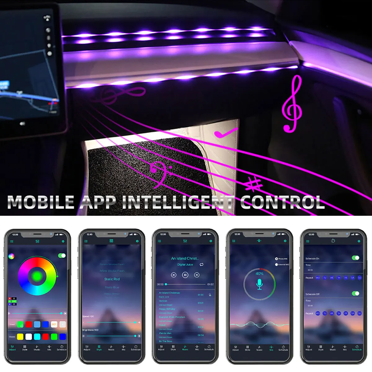 Car Atmosphere Lights Kit USB LED Center Console Neon Light App Control RGB Symphony Car Interior Decoration Acrylic Strips