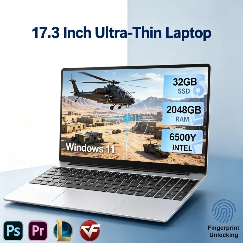 17.3 Inch Intel 6500Y Laptop Computer 32GB RAM 2TB SSD Windows11 Fingerprint Unlock Notebook For Multimedia Use