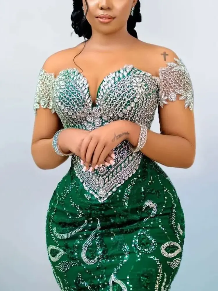 Aso Ebi Green Mermaid Prom Dress Beaded Crystals Sequined Evening Formal Party Second Reception Birthday Engagement Gowns Dresse