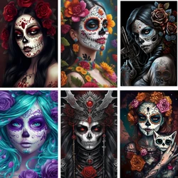 5D DIY Sugar Skull Female Skeleton Wearing Flowers Diamond Painting Kit, Diamond Mosaic Art Gift Pintura Diamante Calavera