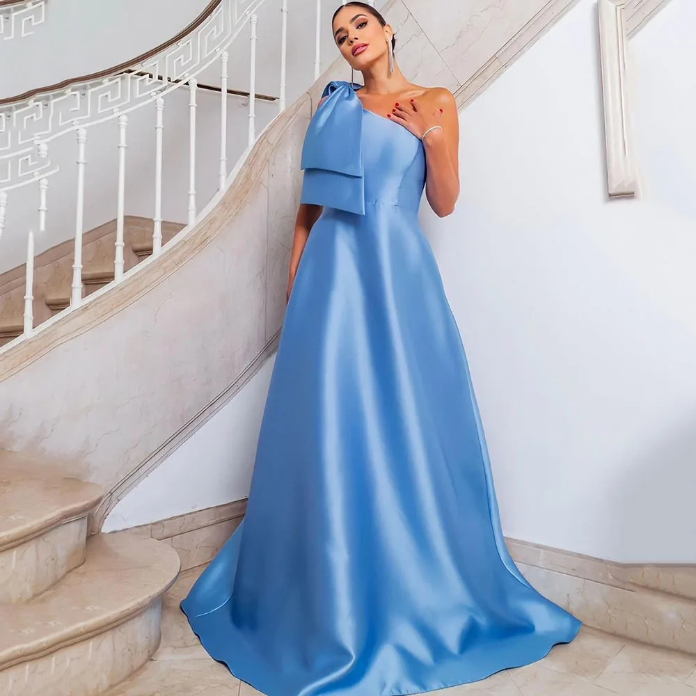 Msikoods Blue Satin Saudi Arabia Prom Dresses One Shoulder Evening Dress Dubai Formal Women Long Prom Party Gowns