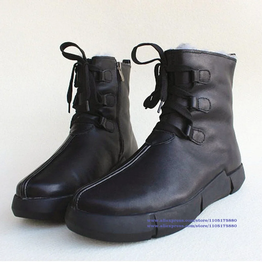Black Leather Men's Snow Boots Side Zipper Soft Leather Soft Sole Lace Up Ankle Boots Designer Winter Men's Shoes Botas Mujer