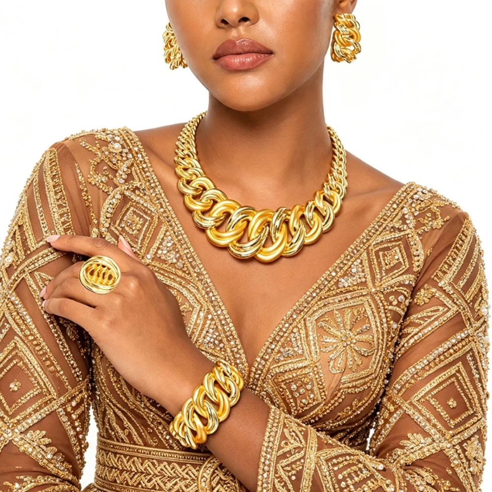 BESSYmei Dubai Big Chunky Twist Link Jewelry Set Two Tone Design African Women Bridal Wedding Statement Jewellery Set 2026 New view 3
