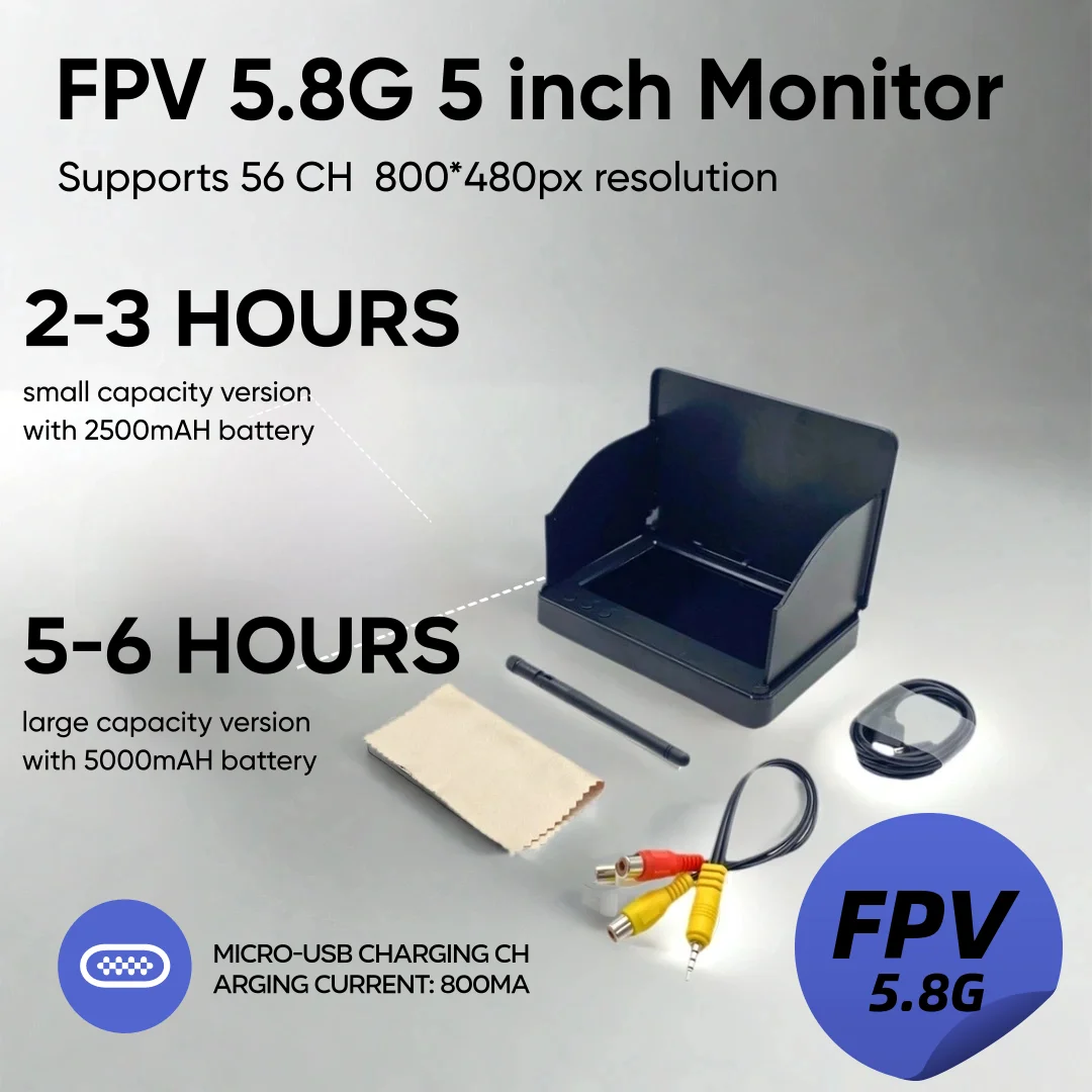 

SLONWAKE Портативный 5-дюймовый FPV-экран, 48-канальный приемник 5,8G, встроенный аккумулятор, поддержка широкого напряжения для радиоуправляемых дронов для пилотов-дронов
