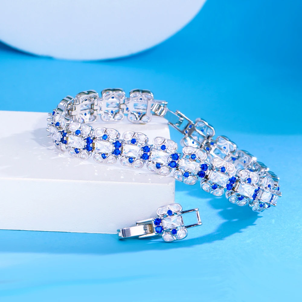 Pera Trendy Blue and White Cubic Zirconia Silver Color Tennis Chain Bracelets Dress Jewelry Accessories Gift for Women B263